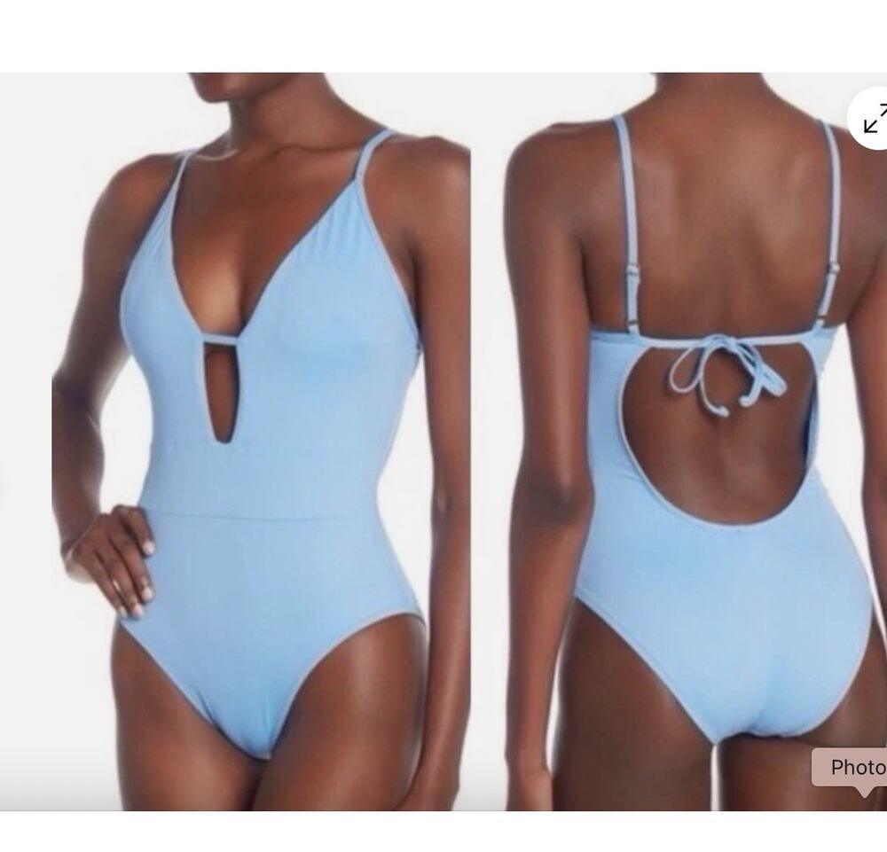 Becca Swimwear Blue Plunge One Piece Simsuit Open Tie Back Keyhole M Medium